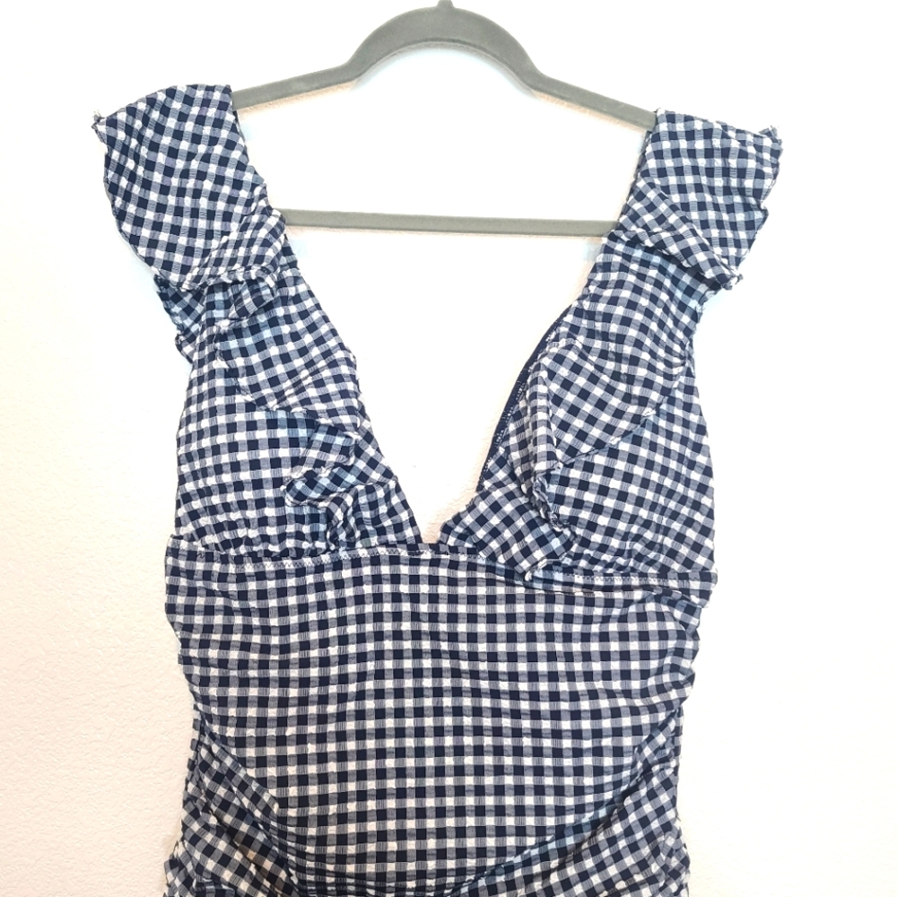 NWT J.Crew Ruched Ruffle One-piece Swimsuit In Classic Gingham in Blue Size 14 - Picture 6 of 13